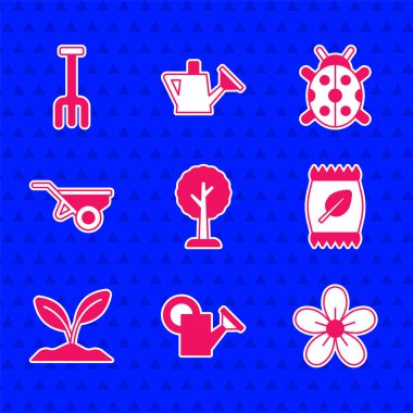 Orman Sulama Kutusu Gübre Torbası 'nı kirli uğur böceği ve bahçe tırmığı ikonuyla hazırla. Vektör.