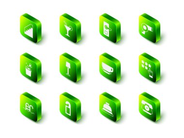 Kokteyl Dijital kapı kilidini, saç kurutma makinesini, telefon ahizesi, kahve fincanı otel servis zilini ayarlayın ve lütfen ikonu rahatsız etmeyin. Vektör.