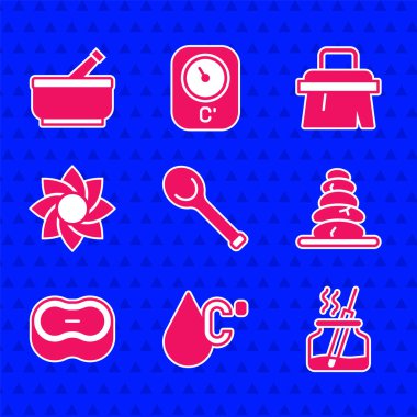 Sauna kepçesi su ısısını ayarla Aroma dağıtıcı sıcak taşlar dizisi sabun çiçeği fırçası, havan topu ve tokmak ikonu. Vektör.