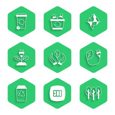 Yaprak Elde Çevre Sembolü Ağaç Elektriği Tasarruf Yaprağı Geri Dönüşüm Kutusu ve Iceberg. Vektör.