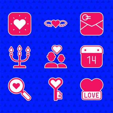 14 Şubat Arama ve Sevgiler Candlestick Zarfı Sevgililer Günü ve ikonu ile Kalp şeklinde Kalp Takvimi Aşığı Anahtarı 'nı ayarlayın. Vektör.