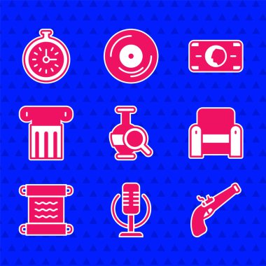 Set Ancient amphorae Microphone Vintage pistol Armchair Papyrus scroll column Stacks paper money cash and Pocket watch icon. Vector.