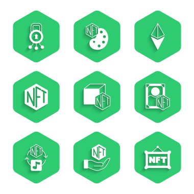 NFT Dijital Kripto Sanatı Ethereum ETH ve Siber Güvenlik simgesini ayarla. Vektör.