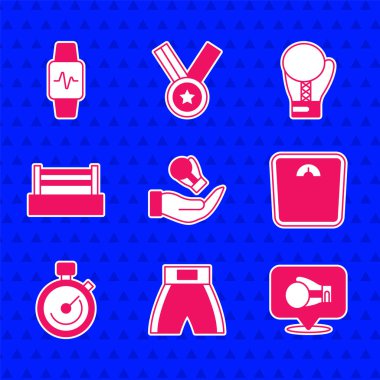 Boks eldivenini kısa, banyo terazisini Stopwatch yüzüğünü ve Smart 'ı kalp ikonuyla ayarla. Vektör.