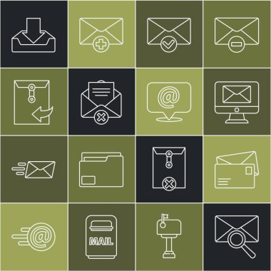 Satır Zarfı büyüteç monitör ve zarf kontrolü ile İndirme Gelen Kutusunu Sil ve E- posta konuşma baloncuğu simgesini ayarla. Vektör.