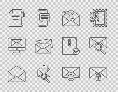 Satır Zarflı Posta ileti kilidi parolasını büyüteç döküman ve kalem silme zarf ve simgesi ile ayarla. Vektör.