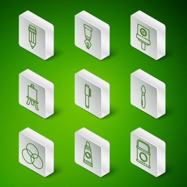 Boya paleti silgisiyle boya tüpü ya da resim tahtaları, dolmakalem ucu RGB ve CMYK renk karıştırma ve fırça ikonu ile ayarla. Vektör.