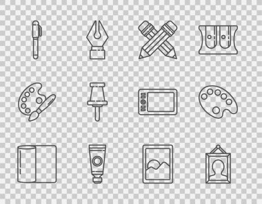 Kağıt havlu rulo Resim çapraz kalem ile silgi palet Pen Push pin grafiksel tablet ve Palet simgesi. Vektör.