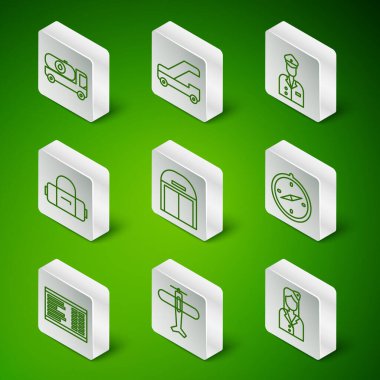 Hat Hostes Uçak Yakıt tankeri Uçak Hangarı Yolcu Merdiveni 'ni havaalanı ve pusula ikonu için ayarla. Vektör.