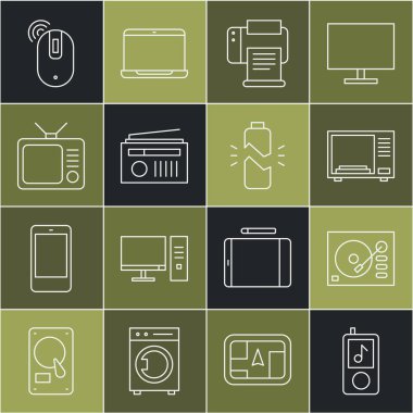 Set line Music player Vinyl Microwave oven Printer Radio with antenna Retro tv Wireless computer mouse and Broken battery icon. Vector.