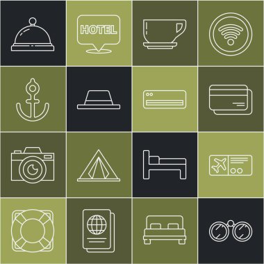 Dürbün Hattı, Dürbün Havayolları, Kredi Kartı Kahve Fincanı, Anchor Otel servis zili ve krem ikonu olan bir şapka. Vektör.