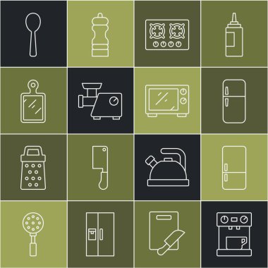 Kahve makinesi soğutucu gaz ocağı mutfak kıyma makinesi tahta kaşığı ve mikrodalga fırın ikonu hazırlayın. Vektör.