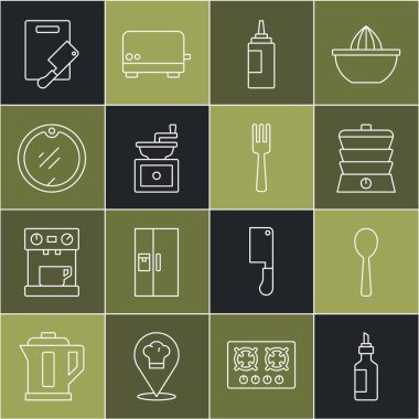 Bir şişe zeytinyağı kaşığı ağır ateşte pişirme sosu manuel kahve öğütücü kesme tahtası et kesme tahtası ve çatal ikonu. Vektör.