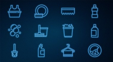 Temizlik görevlisi Sünger Temizleme ve kova sabun köpüğü kovası ve gömlek kovası köpüğü ve bulaşık yıkama ikonu için çamaşır deterjanı hazırlayın. Vektör.