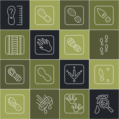 Çizgi büyüteç ve ayak izleri. İnsan ayak izleri, timsah derisi ayakkabı. Kare ölçü ve simge alanı büyüklüğünde. Vektör.