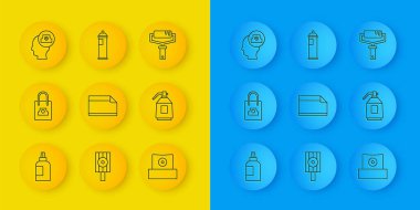 Boya kavanozu boyası spreyi kağıt yapıştırıcı sprey tabanca, silindir fırçası ve ikonu sıkabilir. Vektör.