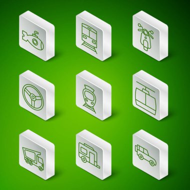 Off road car Rv karavan karavanı denizaltı tramvayı ve tren direksiyonu direksiyon teslimat kamyonu ve kablo ikonu. Vektör.