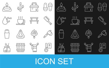 Sauna termometresi ahşap balta fırçası çay, su sıcaklığı Aroma mumu ve ahşap bank ikonu. Vektör.