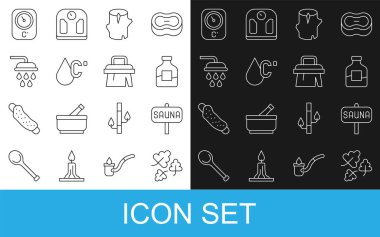 Oak yaprağı sauna şişe votka kütük su ısısı duş termometresi ve fırça ikonu. Vektör.