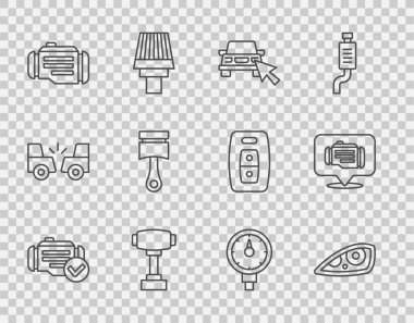 Hat kontrolü otomobil farları çevrimiçi araba vites değiştirici piston lastik basınç göstergesi ve simge paylaşımı. Vektör.