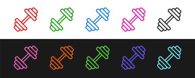 Dumbbell simgesini siyah beyaz arkaplanda ayır. Kas kaldırma ikonu, fitness halteri, spor aletleri, egzersiz yaban domuzu. Vektör.