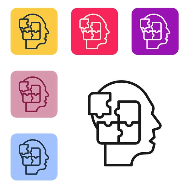 Black Line Human Head Puzzles Strategy Icon Isolated White Background — Stock vektor