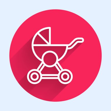 Beyaz çizgi bebek arabası simgesi uzun gölge arkaplanı ile izole edildi. Bebek arabası, at arabası, bebek arabası, bebek arabası, tekerlek. Kırmızı daire düğmesi. Vektör.