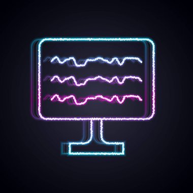 Parlayan neon çizgisi ensefalogram simgesi siyah arkaplanda izole edildi. Elektriksel aktivite. Vektör.