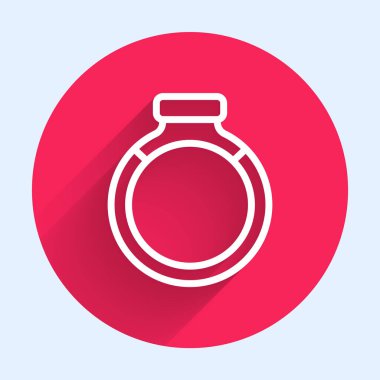 Beyaz çizgi altın yüzük ikonu uzun gölge arkaplan izole. Kırmızı daire düğmesi. Vektör.