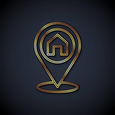 Siyah arkaplanda ev simgesi olan altın çizgili harita işaretçisi. Ev konumu belirleyici sembol. Vektör.
