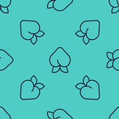 Siyah çizgi şeftali ya da nektarin yapraklı ikon yeşil arka planda izole edilmiş pürüzsüz desen. Vektör.