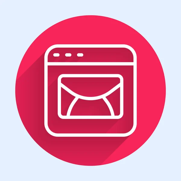 白い線長い影の背景で隔離されたメールと電子メールのアイコン 記号メールを封筒に入れます メールメッセージのサイン 赤い丸ボタン ベクトル — ストックベクタ