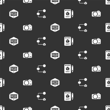 Çizimi kağıda, fotoğraf makinesine, RGB ve CMYK renk karışımına ve Isometric küpünü pürüzsüz desene ayarla. Vektör.