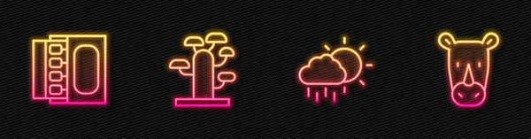 集雨云 火柴盒 火柴盒 非洲树 犀牛为一体 发光的霓虹灯图标 — 图库矢量图片