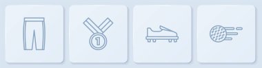 Set line Golf pants, shoe, Medal golf and ball. White square button. Vector.