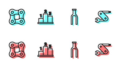 Bisiklet çatalı, zincir, spor müsabakası ödülleri ve İsviçre çakısı ikonu. Vektör.