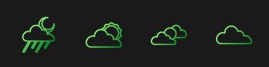 Set line Sun and cloud weather, Cloud with rain moon, and . Gradient color icons. Vector.