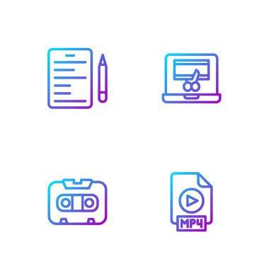 MP4 dosya belgesi, Retro ses kaseti, senaryo ve video kaydediciyi dizüstü bilgisayarda ayarla. Renk simgeleri. Vektör.