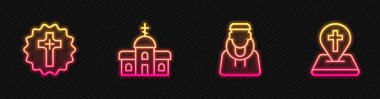Set line Monk, Christian cross, Church building and Location church. Glowing neon icon. Vector.