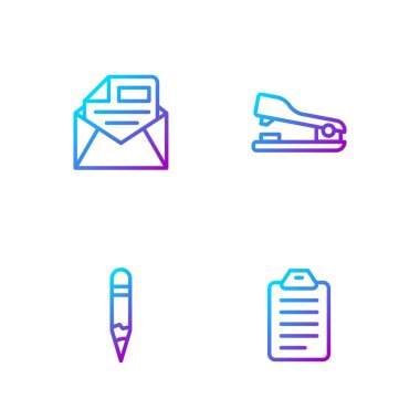 Satır Ayarla Liste yapmak veya planlamak Kalem Mail ve e-posta ve Stapler. Renk simgeleri. Vektör.