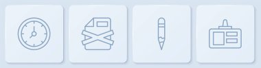 Satır Saat Kalem Silme dosya belgesi ve kimlik kartını ayarla. Beyaz kare düğme. Vektör.
