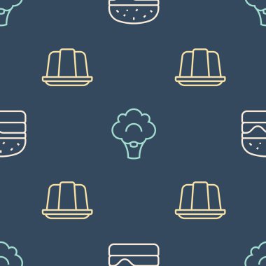 Set line Burger Jelly cake and Broccoli on seamless pattern. Vector.