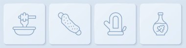 Set line Honey dipper stick with bowl Sauna mitten Washcloth and Essential oil bottle. White square button. Vector.