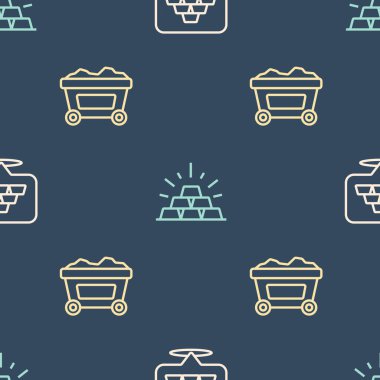 Set line Gold bars Mine cart with gold and on seamless pattern. Vector.