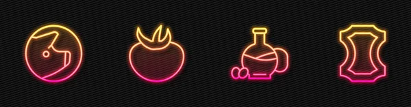 Set Line Bottle Olive Oil Pig Tomato Leather Glowing Neon —  Vetores de Stock