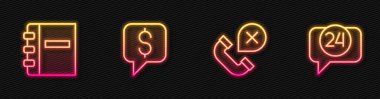 Set line Declined or missed phone call Notebook Paid support and Telephone 24 hours. Glowing neon icon. Vector.