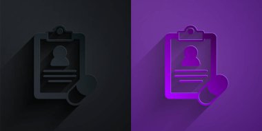 Kağıt kesiği tıbbi reçete simgesi, mor arka planda siyah üzerine izole edilmiş. RX formu. Yemek tarifi. Eczane ya da ilaç sembolü. Kağıt sanatı tarzı. Vektör.