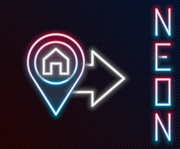 Zářící Neonová Čára Ukazatel Mapy Ikonou Domu Izolovanou Černém Pozadí — Stockový vektor