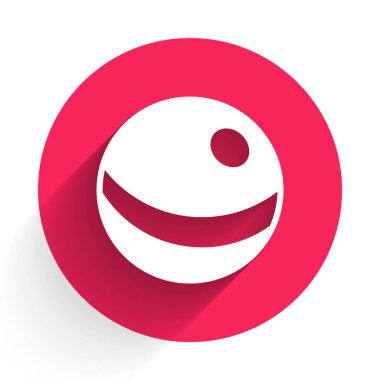 Beyaz Sahildeki uzun gölgeli top ikonu. Çocuk oyuncağı. Kırmızı daire düğmesi. Vektör.