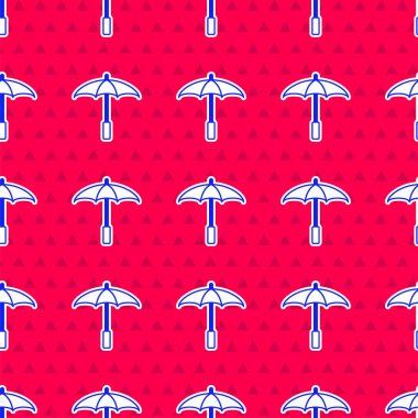 Plaj ikonu için mavi güneş koruyucu şemsiye kırmızı zeminde izole edilmiş pürüzsüz desen. Açık alan için büyük bir şemsiye. Plaj şemsiyesi Vektör.